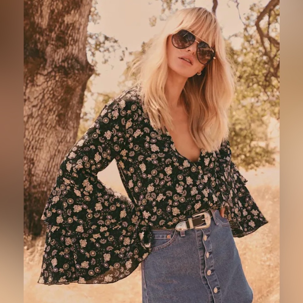 Free People She's Dainty Black Floral Print Long Sleeve Bodysuit